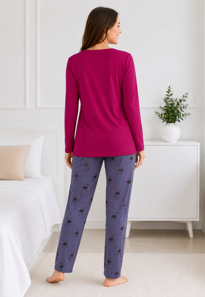 Pijama de damă cu bluză cu maneca lunga și pantaloni -Fucsia,Engros